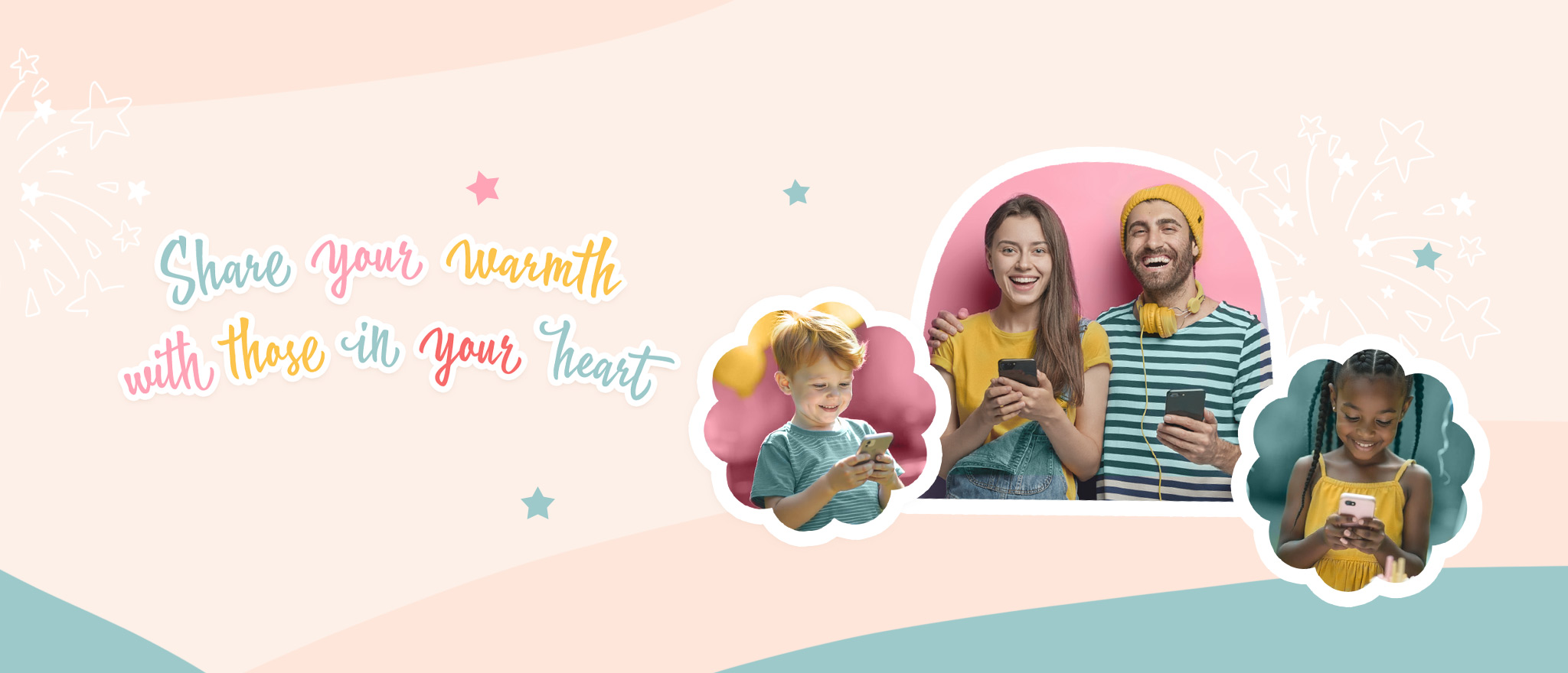 Animated video invitations and greeting cards by OtrisMarket — a family and children watching animated e-cards on their phones