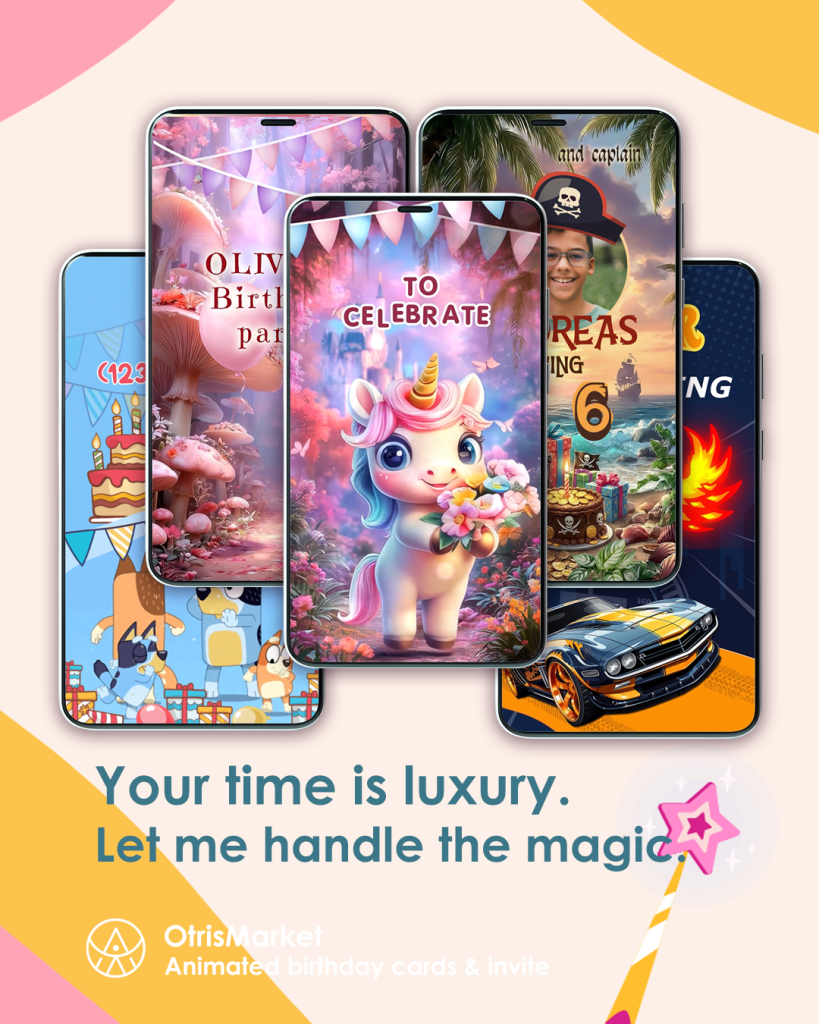 Five phones showing different animated birthday invitations — a unicorn, a fairy forest, a pirate island, a sports car and a cartoon dog party