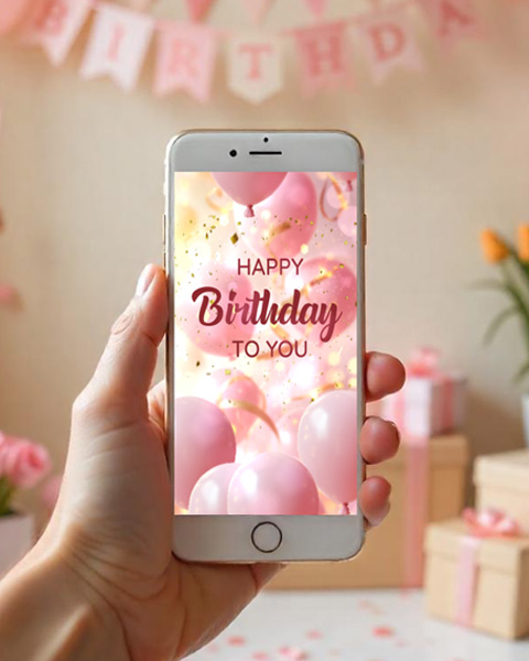 A hand holding a phone that plays an animated Happy Birthday card with pink balloons and golden confetti, in front of a birthday banner and wrapped gifts