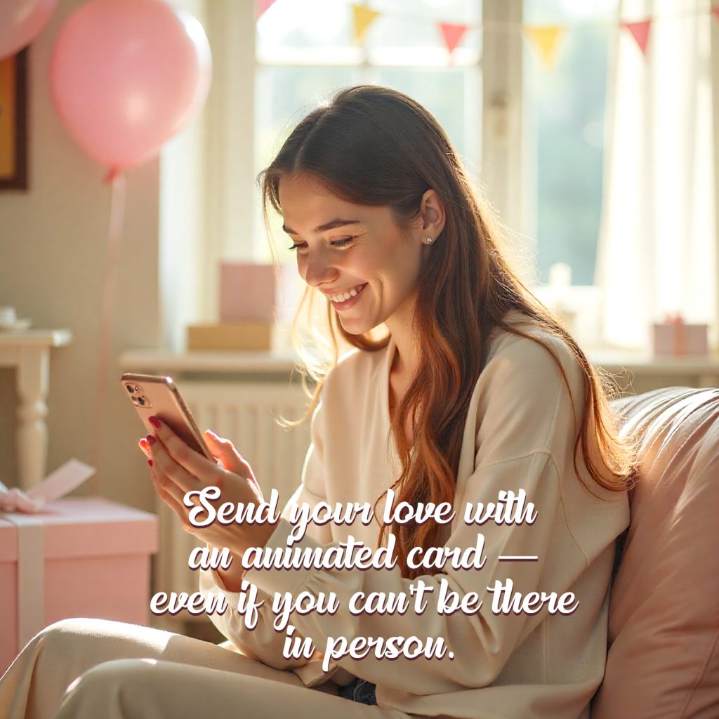 A smiling woman watching an animated card on her phone at a birthday party at home