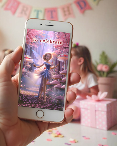 A hand holding a phone playing an animated birthday invitation with a fairy in a pink blossom forest, while a girl opens presents in the background