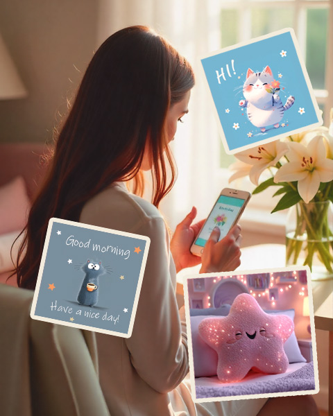 A woman looking at her phone, surrounded by animated video stickers: a waving cat, a good-morning card and a smiling star cushion